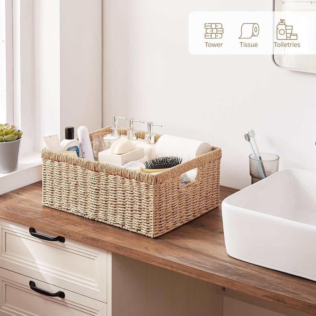 OIAHOMY Wicker Basket, Paper Shelf Basket with Built-in Handles, Rectangular Wicker Storage Bin for Pantry, Shelves, 1 Pack-Yellow