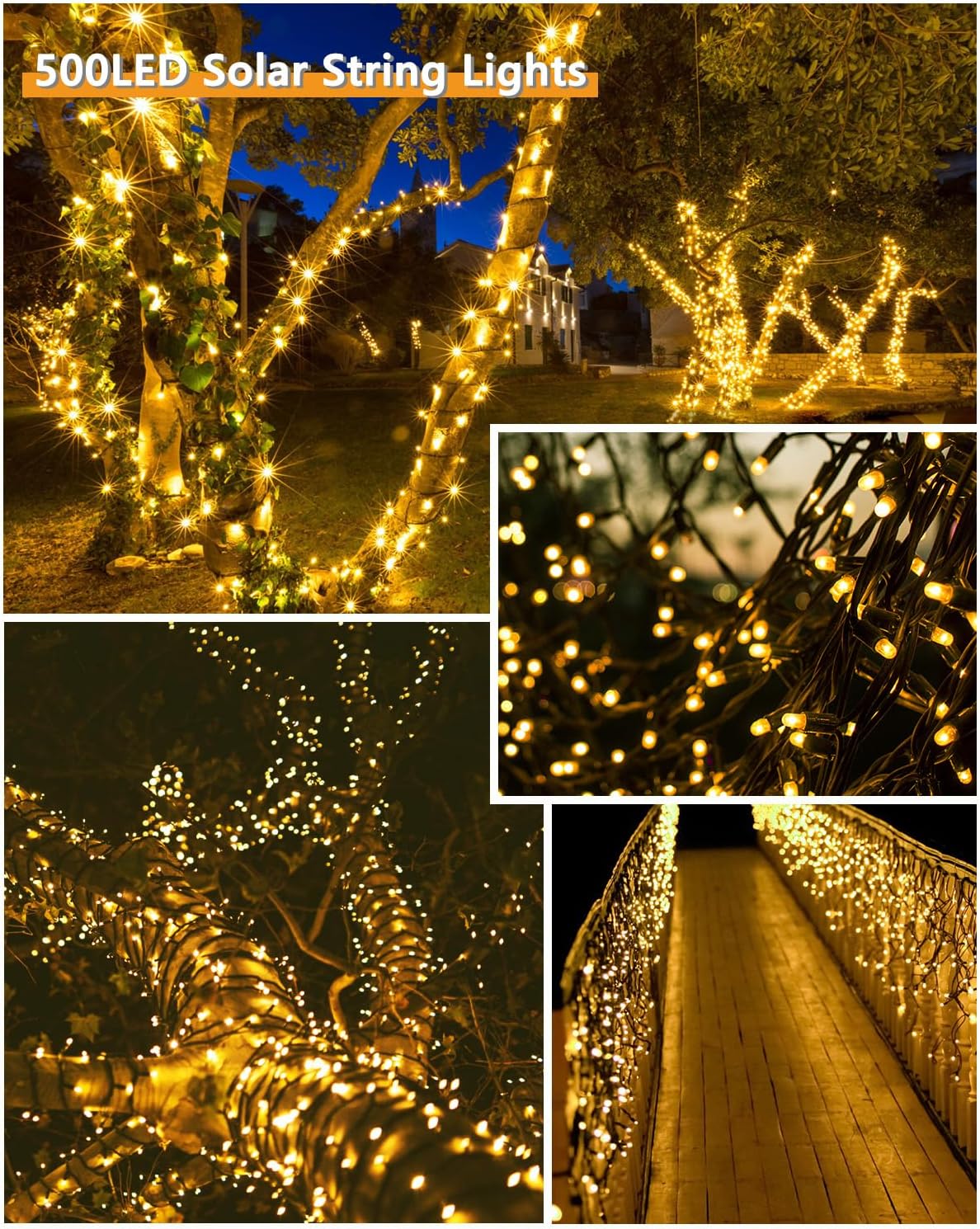 Upgrade Solar String Lights for Outside 2 Pack Total 180FT 500LED Solar Christmas Lights Outdoor with 8 Modes, IP65 Waterproof Outdoor Twinkle Light, Garden Tree Party Christmas Decoration, Warm White
