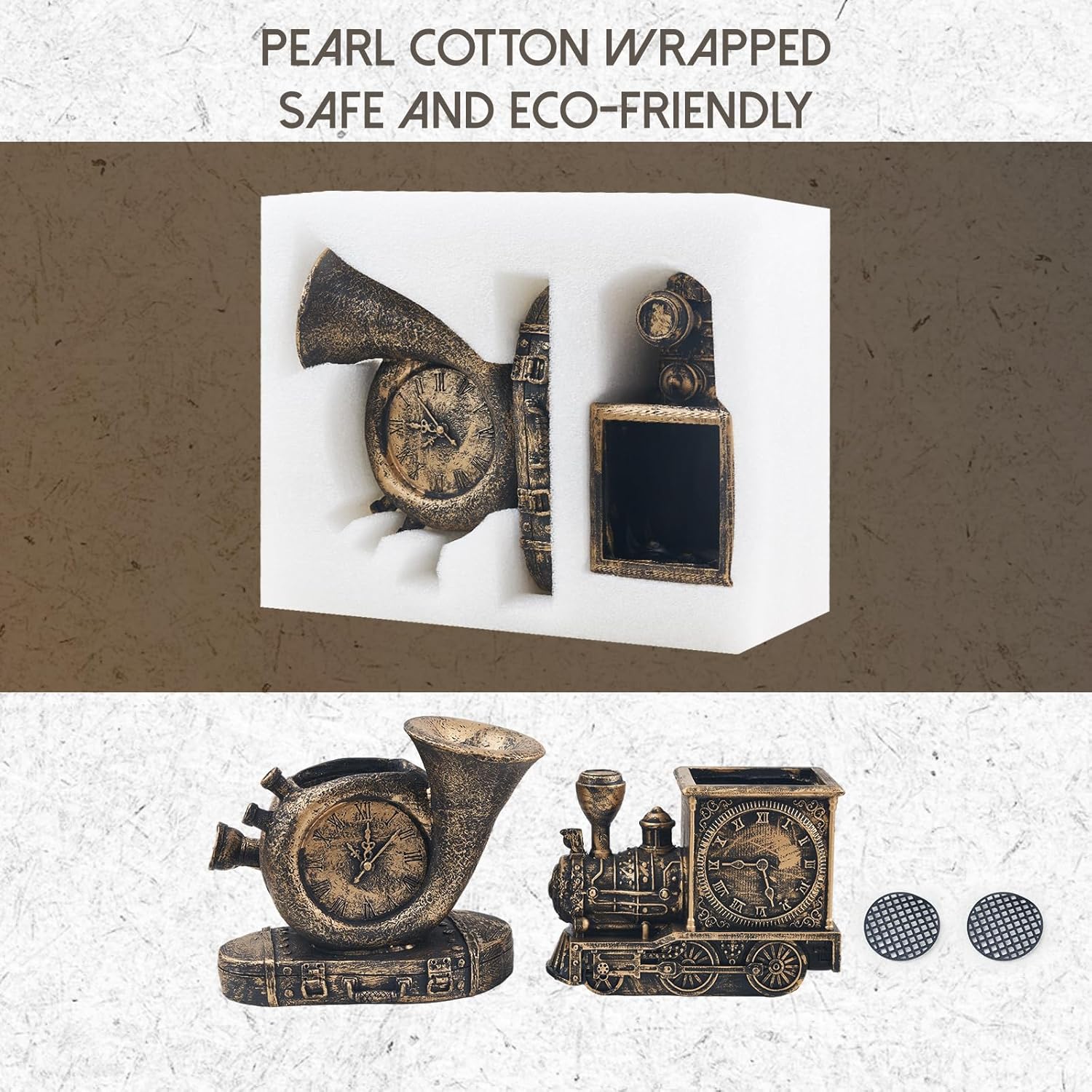 Retro-Style Succulent Pots with Drainage, Indoor/Outdoor Planter, Nostalgic Cactus/Bonsai Garden Pots for Home Decoration and Office Desk Decoration, Vintage Artwork (2 Piece Set) (Bronze-Colored)