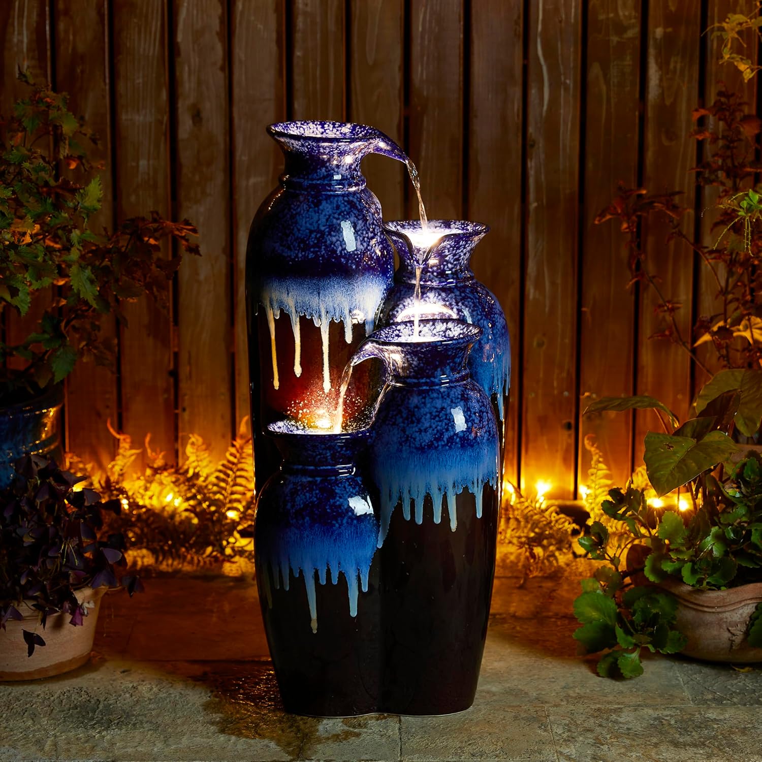 Glitzhome 30.75" H Vase Ceramic Outdoor Water Fountain with LED Lights and Pump, 4-Tier Cobalt Blue and Brown Reactive Glaze Cascading Pots Standing Fountain for Porch Deck Garden Patio Backyard