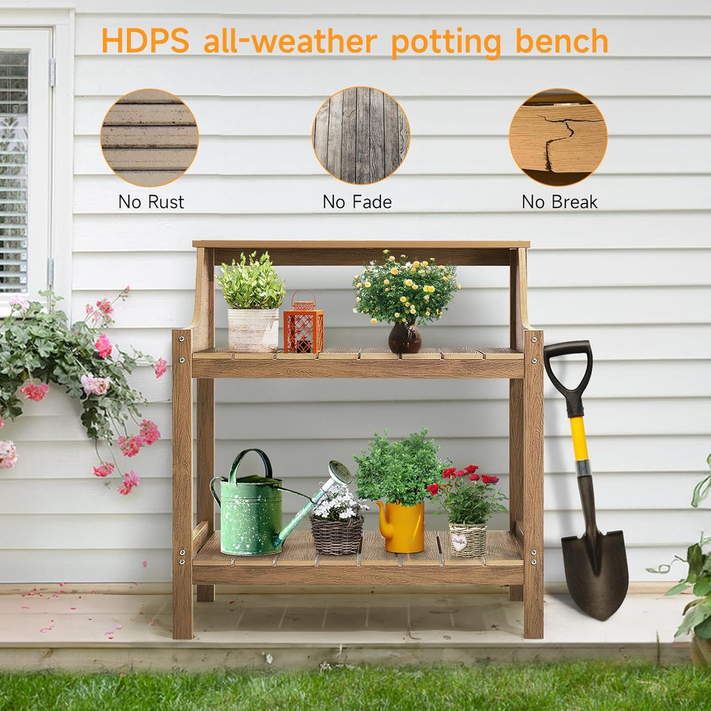 Potting Bench Table, HDPS Potting Bench with 4 Side Hooks, All-Weather Garden Table Work Station, Outdoor Potting Table for Porch, No Rust, No Fade, No Break, 360lbs Capacity (Teak, Large)