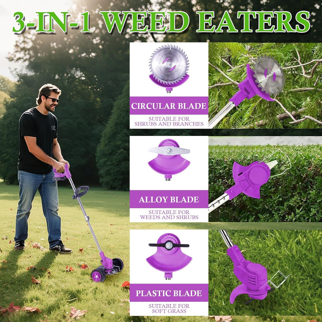 Weed Wacker Cordless Adjustable Weed Eaters 3 in 1 Electric String Trimmer Lawn with Two Battery with Charger Comes with Multiple Blades for Yard,Green,Garden(Purple)
