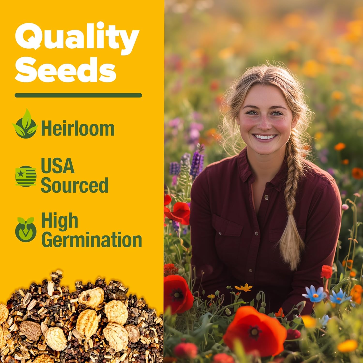 HOME GROWN Premium Wildflower Seeds Bulk Mix (2oz) - 59,300+ Seeds with 19 Varieties for Pollinators - Wild Flower Seed for Bees, Butterflies - Perennial & Annual Throw and Grow Seed Mix