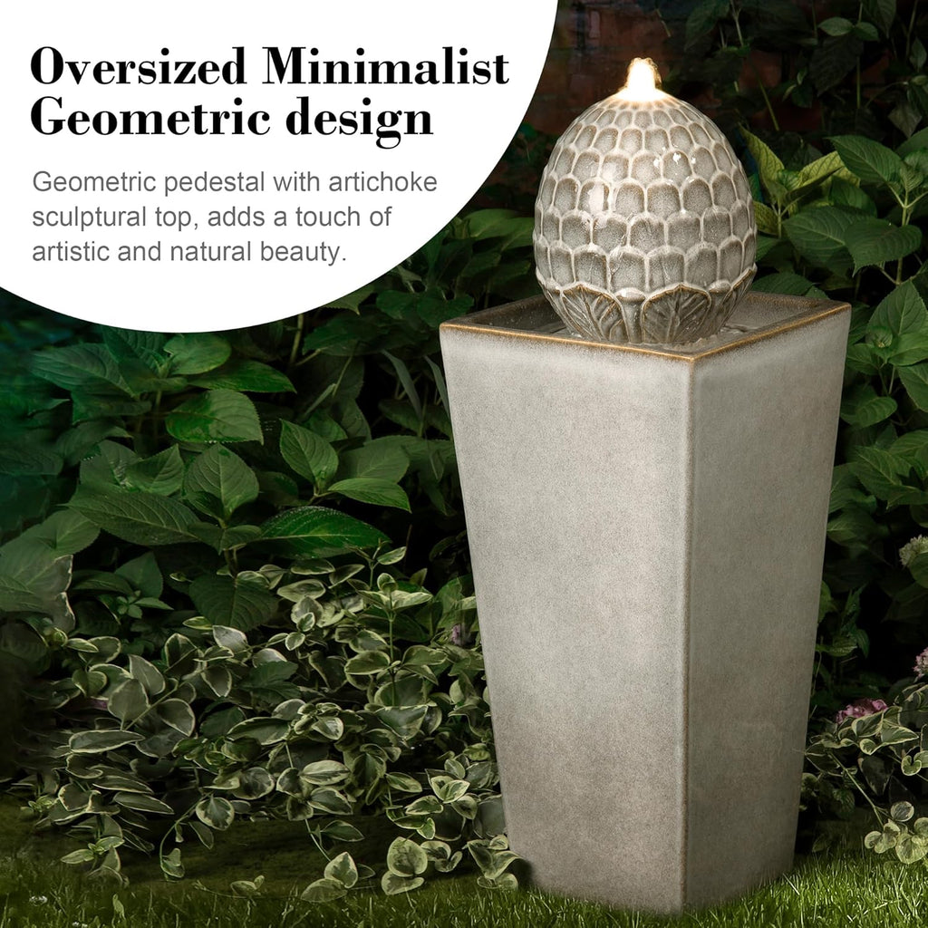 Glitzhome Ceramic Outdoor Water Fountain with LED Light, Oversized Artichoke Pedestal Water Fountains with Submersible Pump, Patio Fountain Waterfall for Garden Patio Deck Porch, Sand Beige, 35.75" H
