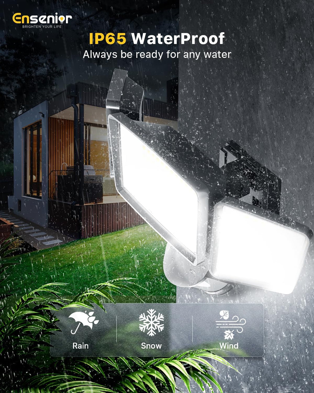 Ensenior 5 Motion Sensor Modes Solar Security Light, 1800LM 270° Wide Angle 3 Heads LED Flood Lights, IP65 Waterproof Wall Lights, Separate Solar Panel Remote Control Solar Lights Outdoor