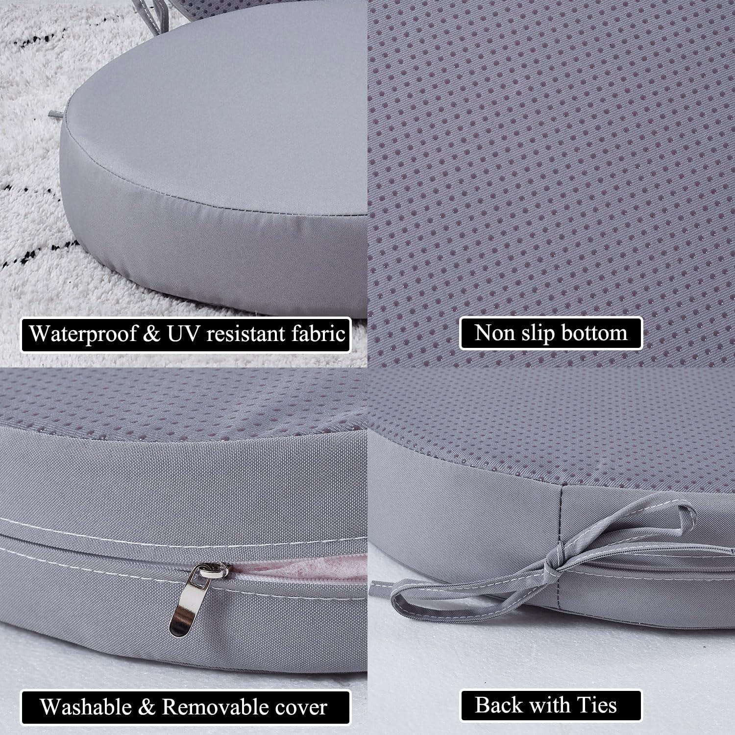 15 x 15 Inch Round Cushions for Outdoor Furniture Non-Slip Waterproof Patio Bistro Chair Cushion with Ties Bar Stool Seat Cushion for Kitchen Chairs Set of 4, Light Gray