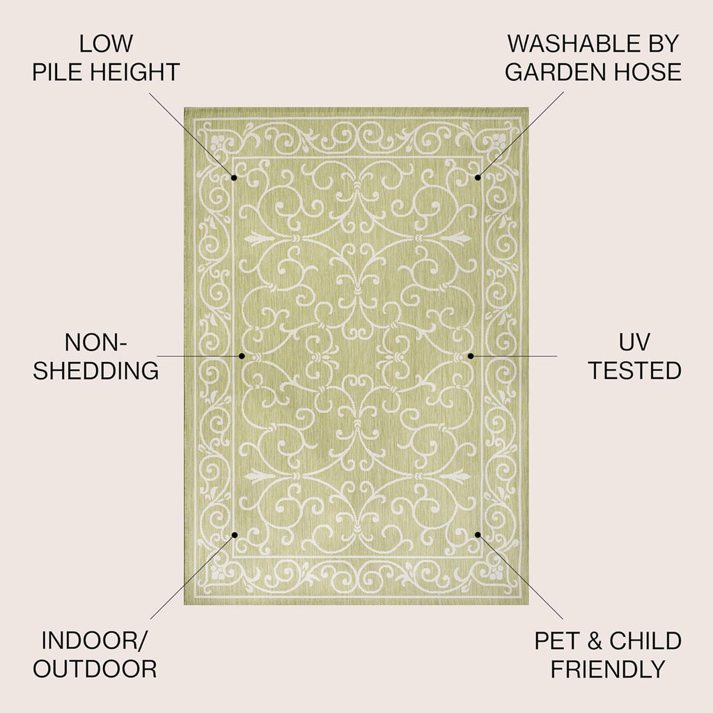 JONATHAN Y SMB106H-5SQ Charleston Vintage Filigree Textured Weave Indoor Outdoor Area Rug, Coastal,Traditional,Transitional Easy Clean,Bedroom,Kitchen,Backyard,Patio, Non-Shed, Green/Cream, 5' Square