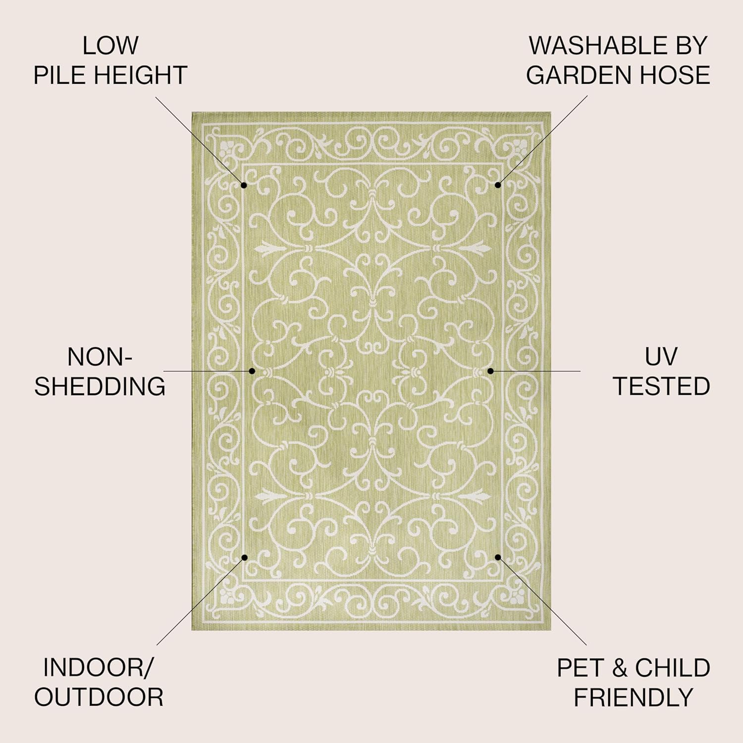 JONATHAN Y SMB106H-4 Charleston Vintage Filigree Textured Weave Indoor Outdoor Area Rug, Coastal,Traditional,Transitional Easy Clean,Bedroom,Kitchen,Backyard,Patio, Non-Shed, Green/Cream, 4 X 6
