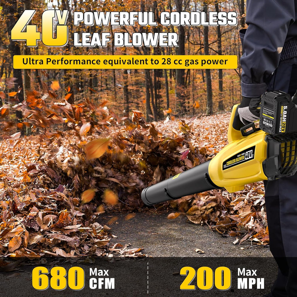 40V Leaf Blower Cordless with 2 X 5.0Ah Batteries and Charger, 40V Powerful Brushless Motor Up to 680CFM Blower for Lawn Care, 4-Variable Speed Turbo Mode with Power Boost