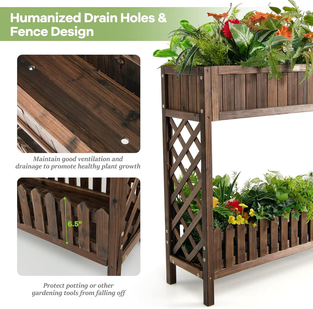 S AFSTAR 2-Tier Raised Garden Bed, Indoor Outdoor Flower Bed with Bottom Shelf Fence, 35.5” H Wood Elevated Planter Box for Vegetable Flower Herb Succulent, Ideal for Patio Balcony Backyard