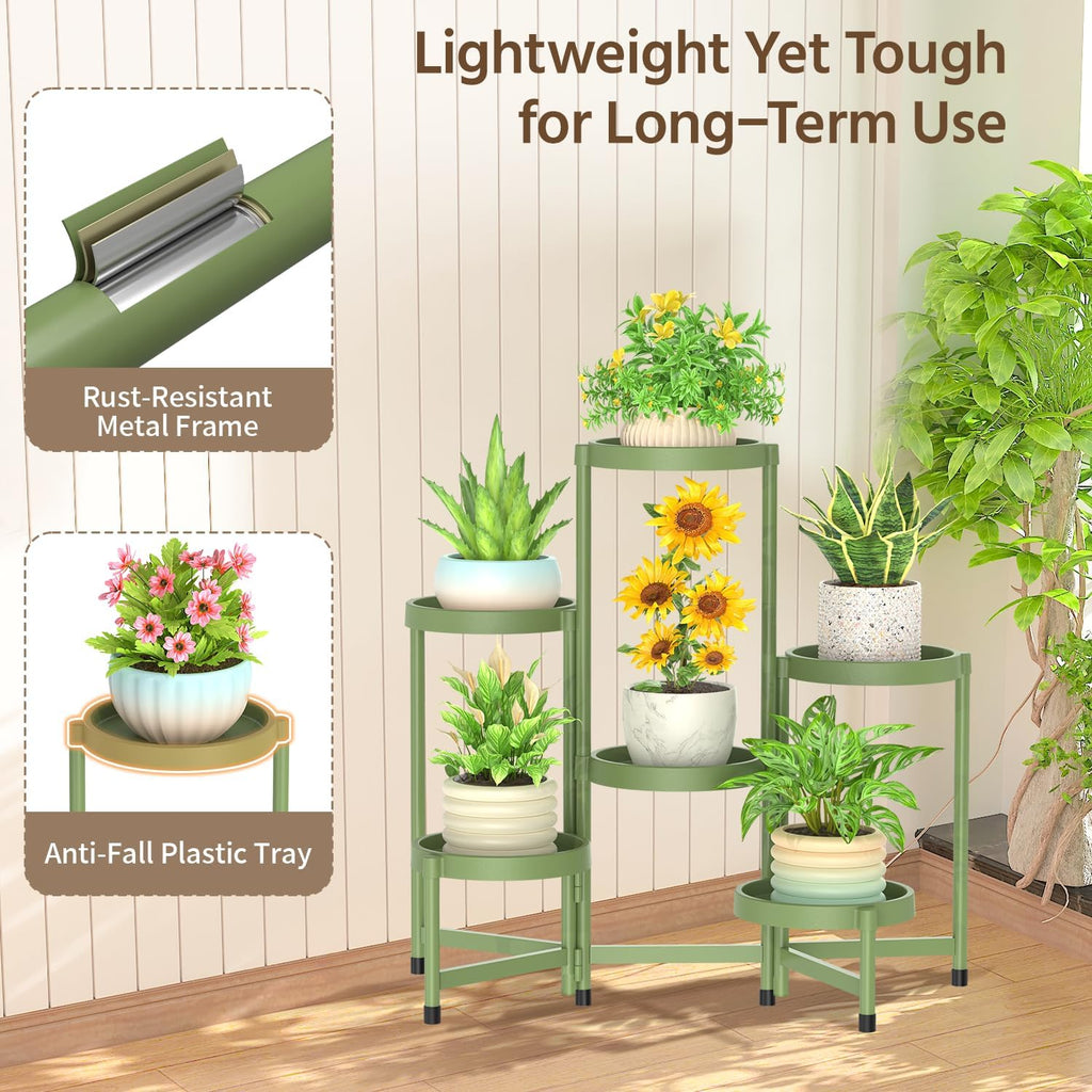 LASZOLA 6 Tiered Folding Plant Stand Indoor for Multiple Large Planter, Tall Heavy Duty Adjustable Rack with Rust Proof Plastic Shelving, Sturdy Vertical Tree Organizer for Narrow Inside Floor, Green