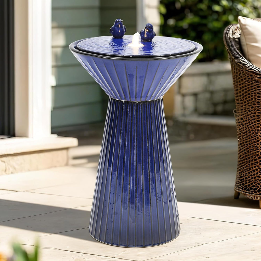 28" H Ceramic Birdbath Outdoor Fountain with LED Lights, Bird Accents & Fluted Texture, Bubbling Water Feature for Garden, Patio, Yard or Porch – Creates a Tranquil Oasis for Relaxation.