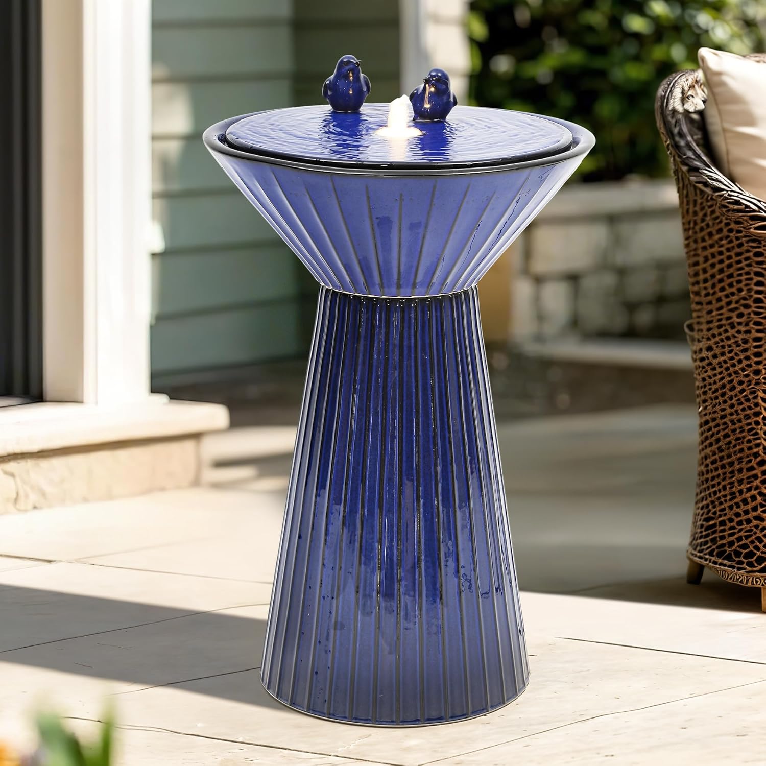 28" H Ceramic Birdbath Outdoor Fountain with LED Lights, Bird Accents & Fluted Texture, Bubbling Water Feature for Garden, Patio, Yard or Porch – Creates a Tranquil Oasis for Relaxation.