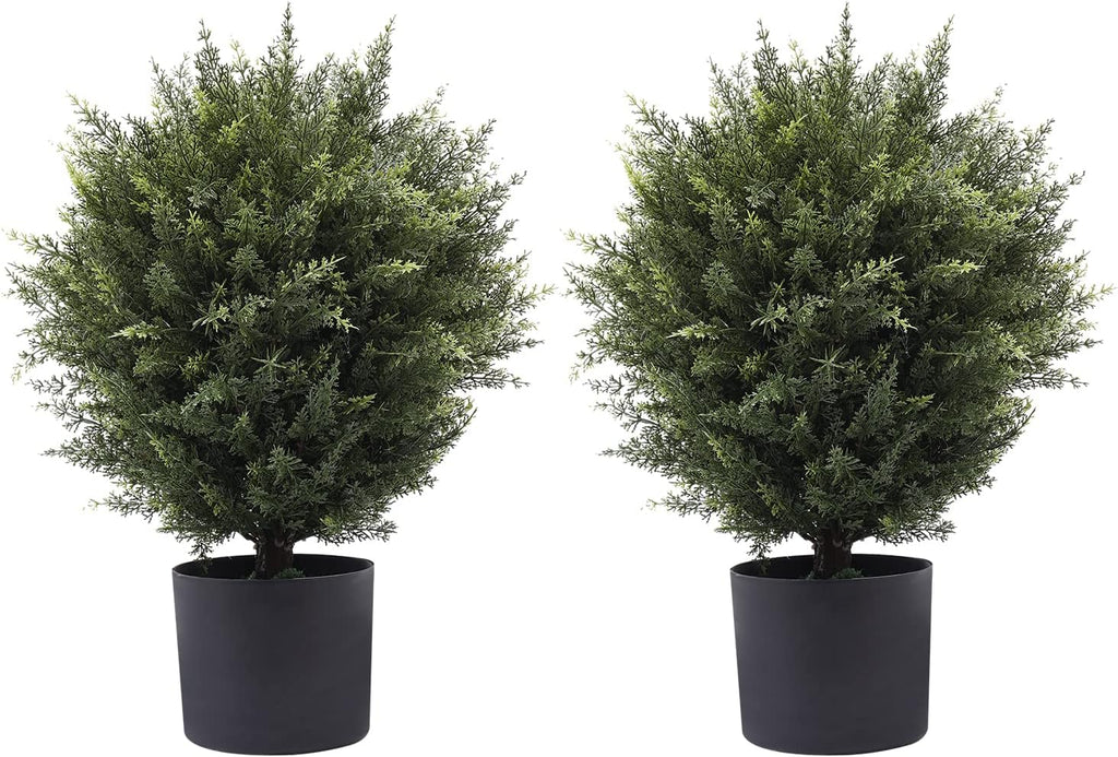 21” Artificial Cedar Outdoor Artificial Shrub Sunlight Resistant Leafy Potted Plant for Indoor Porch of Home and Office Artificial Outdoor Tree 2 Pieces a Set Topiary Trees