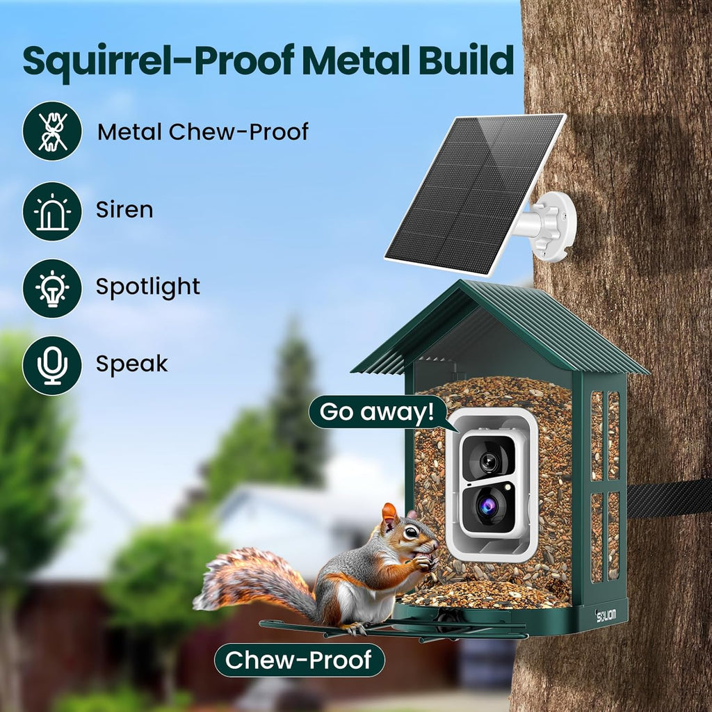 SOLIOM Solar Bird Feeder with Camera for Outdoors - AI Smart Birdhouse, 2K Live View & Instant Alerts, Squirrel Proof - Perfect Bird Watching Gift (Green)