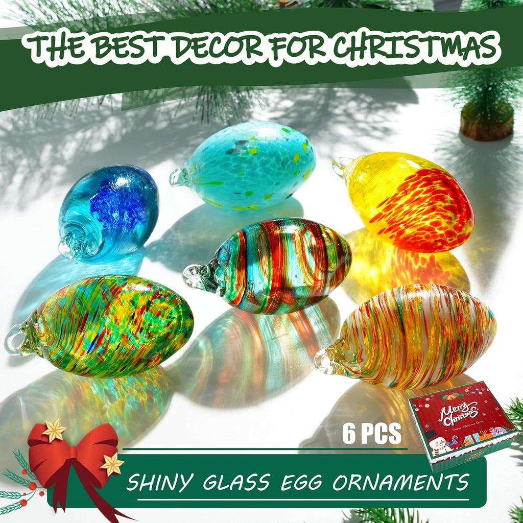 Set of 6 Hand Blown Glass Egg Ornaments Hanging Gazing Ball Witches Ball Friendship Decor for Home Outdoor Wedding Party Christmas Tree