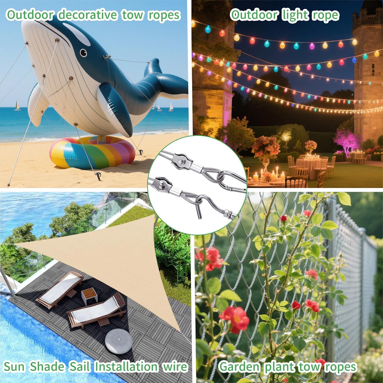 1/8" Wire Cable Rope Kit ，Vinyl Coated 304 Stainless Steel Wire – 300FT 7x7 Strand Cable with Turnbuckles，Shade Sail & Hanging Lights Hardware Kit for Outdoor, Garden,Patio, Crafts, Hanging Lights