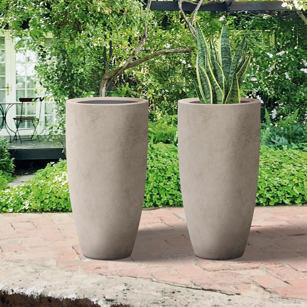 Kante 23.6" H Weathered Concrete Tall Planters (Set of 2), Large Outdoor Indoor Decorative Plant Pots with Drainage Hole and Rubber Plug, Modern Style for Home and Garden