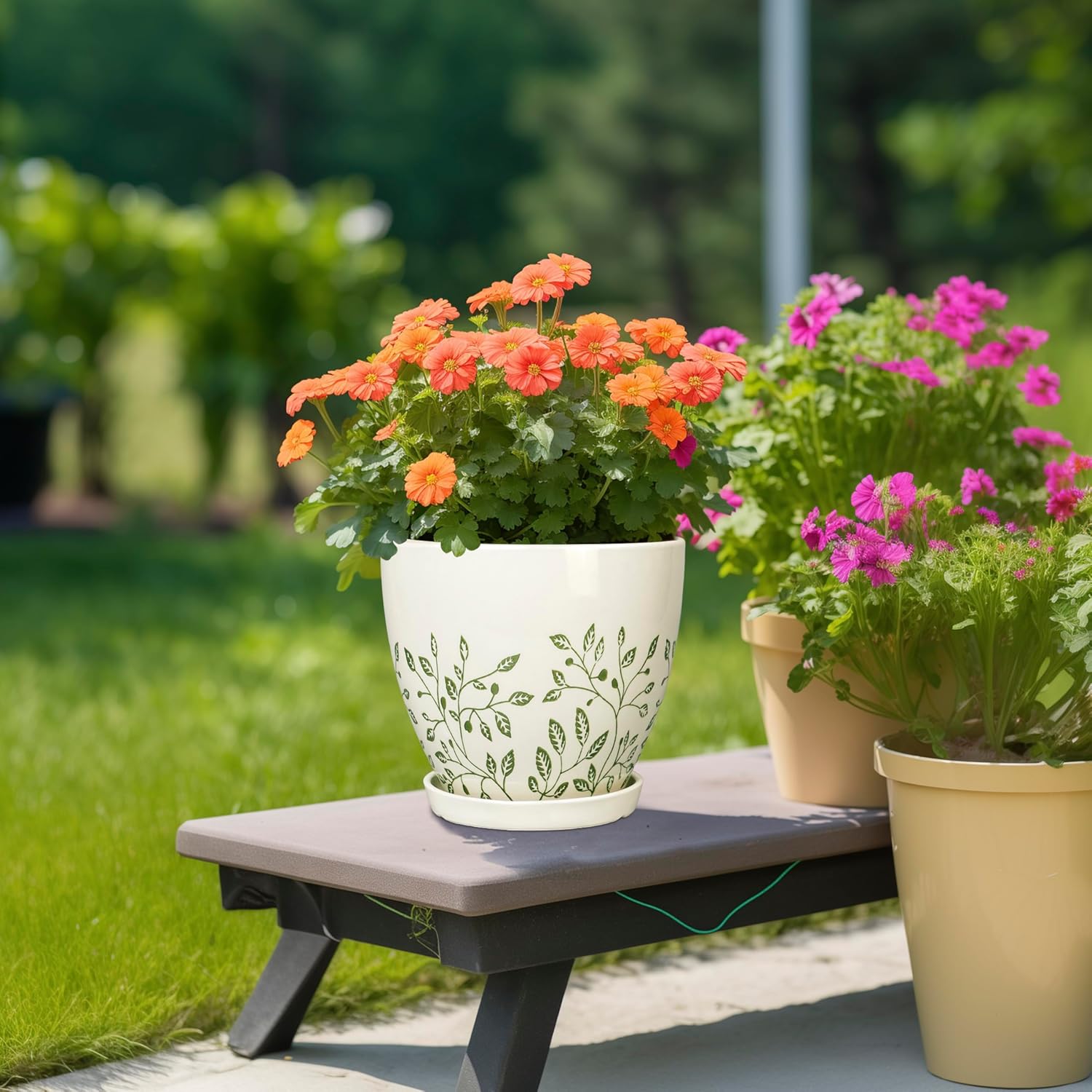 Ceramic Planter for Indoor Plants - 8.2 Inch Plant Pot with Drainage Hole and Saucer, Boho Round Planter for Indoor Outdoor Flowers, Plant Lover Gifts, Home Garden House Decor, White