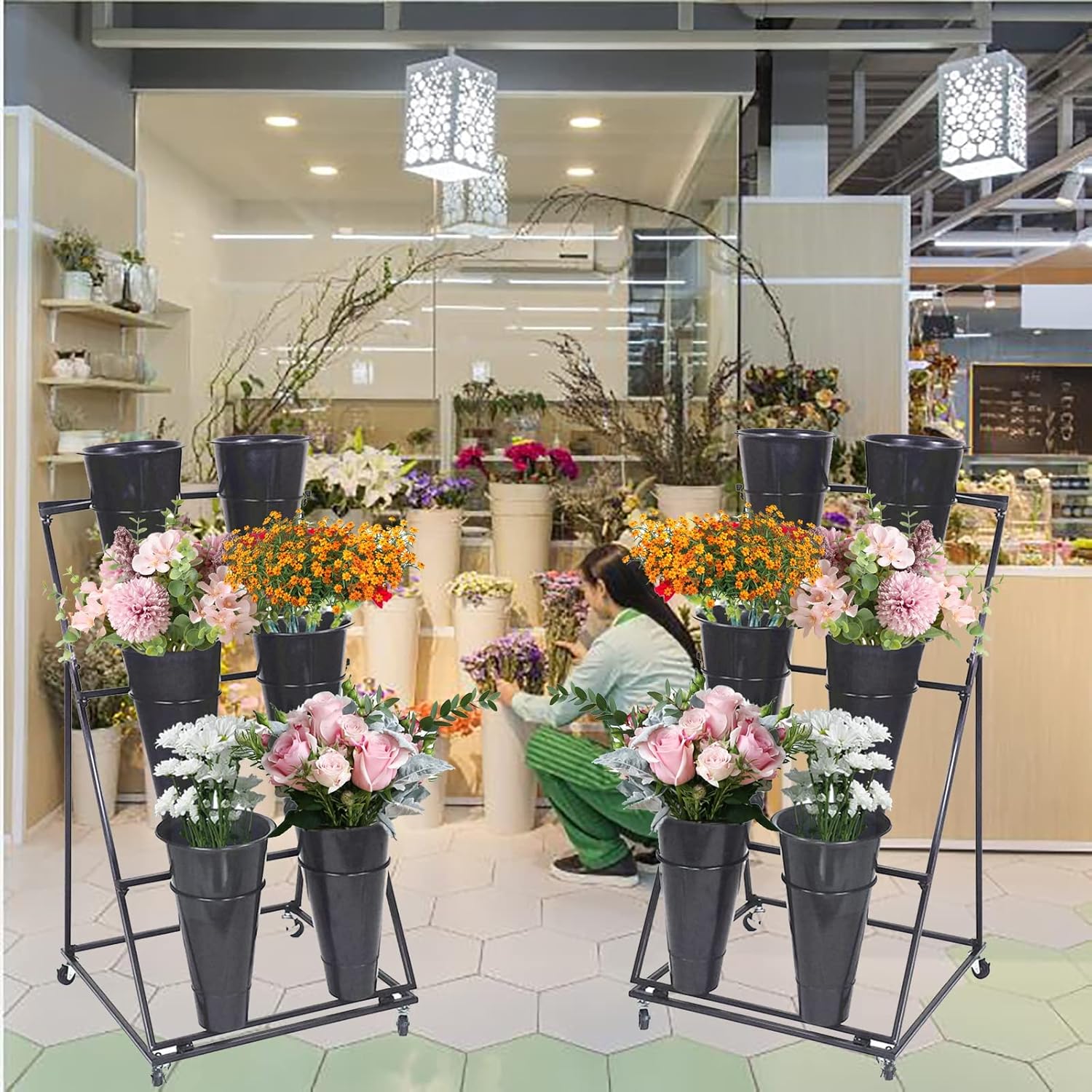 Flower Display Stand, 3-Layer Heavy-Duty Mobile Plant Cart shelve with Wheels, with Plastic Buckets, Easy to Install, Suitable for Indoor and Outdoor Balcony Courtyard Garden Art Exhibitions