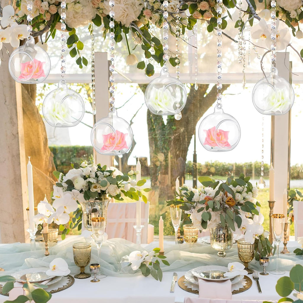 24 Sets Hanging Glass Candle Holder Wedding Glass Globe with Acrylic Gems Bead Garland Tea Light Holder Orbs Container for Flower Plants Micro Landscape DIY Xmas Tree Party Decoration 2.36 Inch