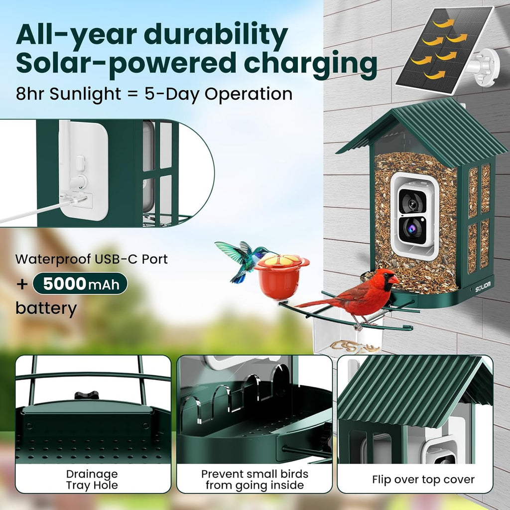 SOLIOM Solar Bird Feeder with Camera for Outdoors - AI Smart Birdhouse, 2K Live View & Instant Alerts, Squirrel Proof - Perfect Bird Watching Gift (Green)