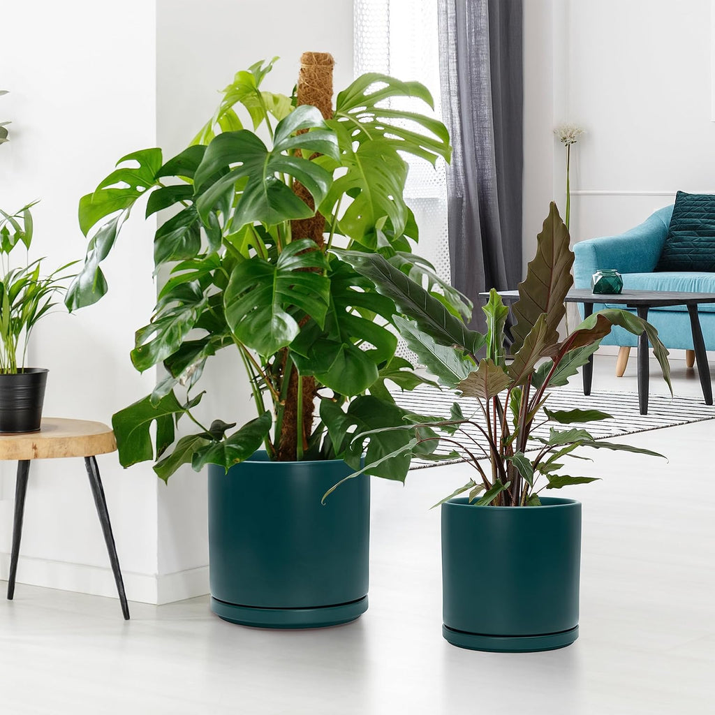 D'vine Dev 6 Inch & 8 Inch & 10 Inch, Set of 3 Round Ceramic Planter Pot with Drainage Hole and Saucer, Teal, 94-T-L-9