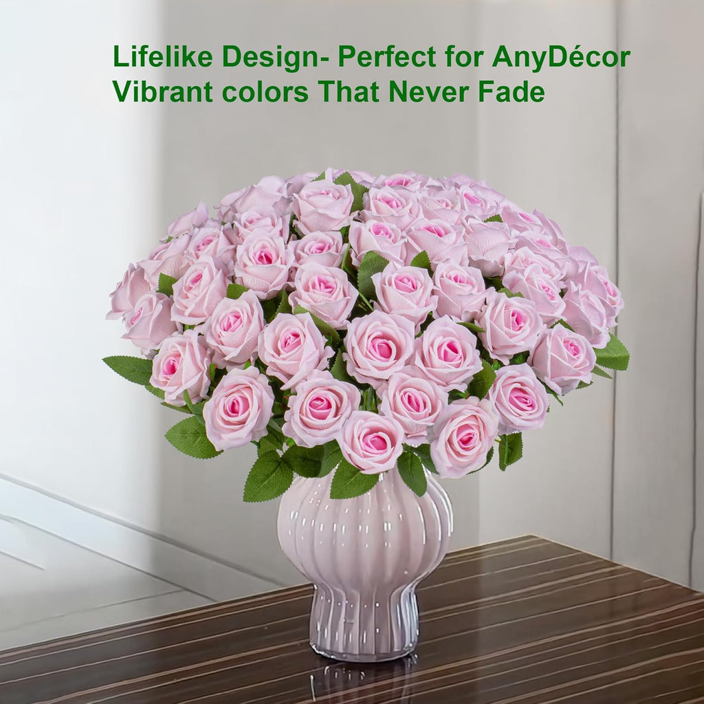 Fake Plants Roses Flowers Plastic Flowers Spring Decorations for Home Gifts for Gf Roses Artificial Flowers for Vase Fake Flowers Home Decor Fake Plant (Light Pink 50PCS)