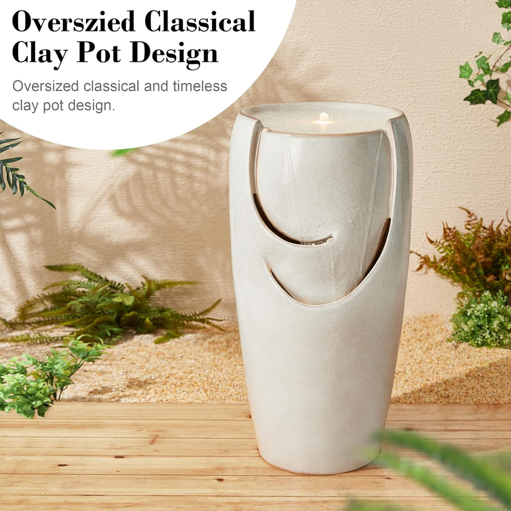 Glitzhome 29.25" H Oversized Ceramic Vase Outdoor Water Fountain Tall Patio Garden Water Fountain with LED Light and Submersible Pump Yard Art Decor, Sand Beige