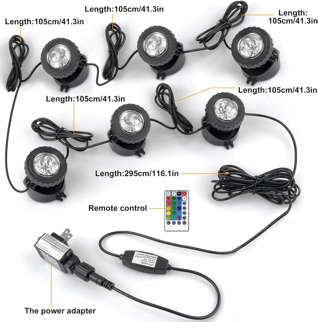 RGB Pond Lights with Timer, LED Underwater Submersible Colorful Landscape Spotlights, 98ft Remote Control IP68 Waterproof Fountain Lights for Fish Aquarium Tank Garden Yard Pool (Set of 6)