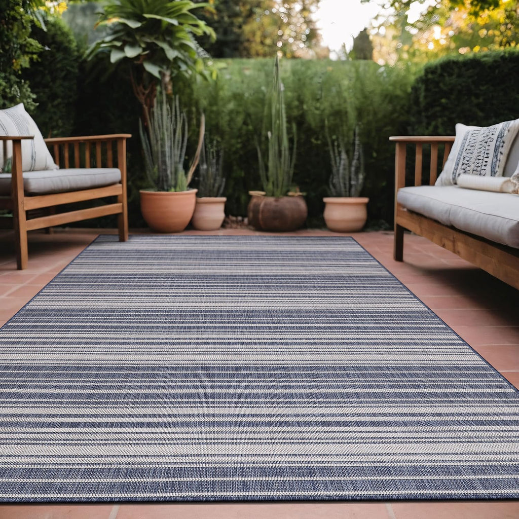 Stripe Outdoor Rug 10x14 Washable Outside Carpet for Indoor Patio Porch Waterproof Easy Cleaning Non Shedding Area Rugs Blue 10 x 14