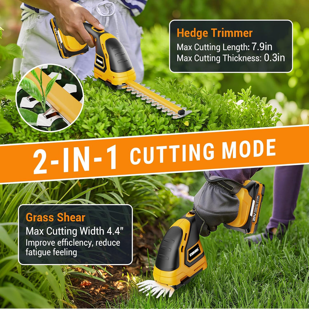 EWORK 21V Cordless Hedge Trimmer & Grass Shears 2-in-1 Handheld Small Electric Bush Trimmer with 2.0Ah Battery and Charger, Battery Powered Shrub Trimmer for Garden, Yard, Lawn Maintenance