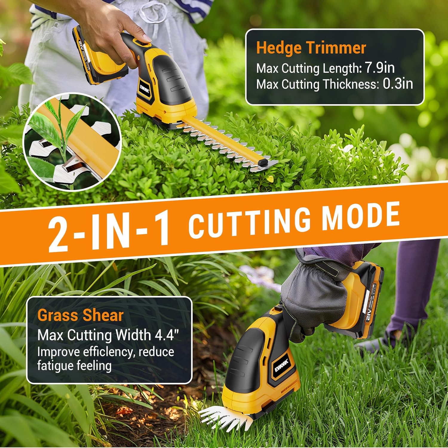 EWORK 21V Cordless Hedge Trimmer & Grass Shears 2-in-1 Handheld Small Electric Bush Trimmer with 2.0Ah Battery and Charger, Battery Powered Shrub Trimmer for Garden, Yard, Lawn Maintenance