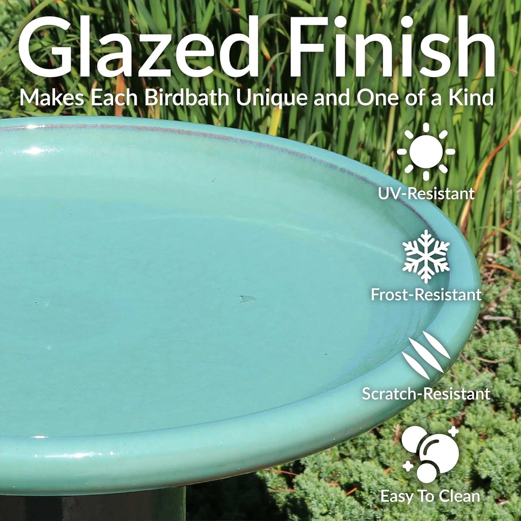 Sunnydaze 21" H Ceramic Bird Bath for Outside - Hand-Painted Outdoor Bird Bath Bowl, UV/Frost-Resistant Finish - Seafoam - Cut Out Pedestal