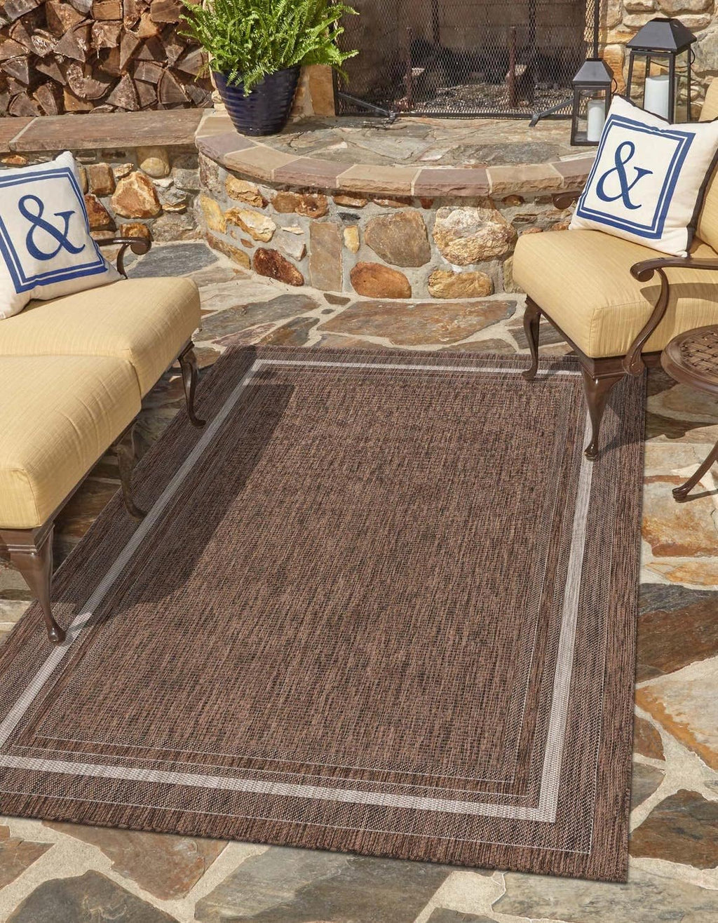 Unique Loom Outdoor Border Collection Area Rug - Soft Border (2' x 3' 1" Rectangle, Brown/ Ivory)