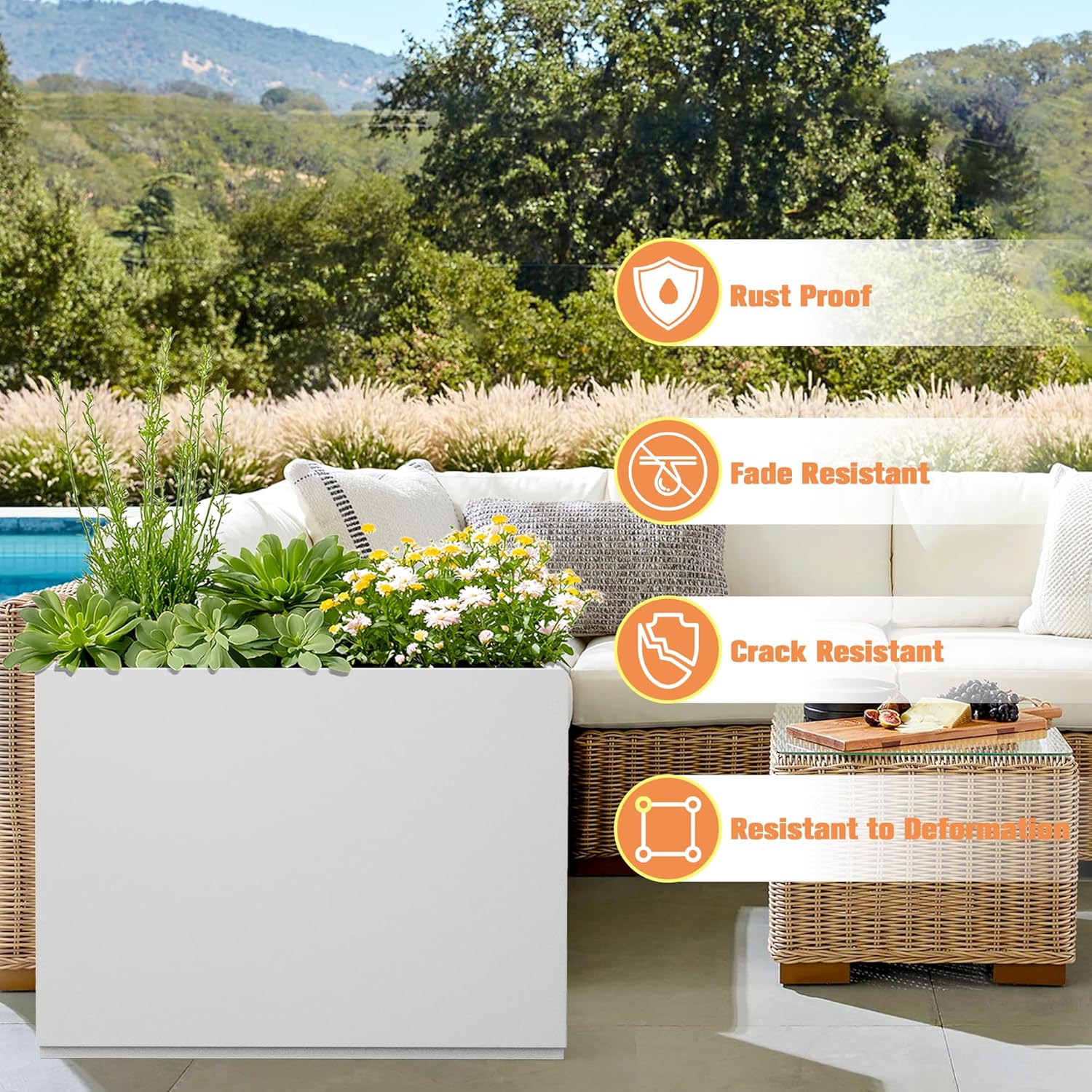 Rectangle Planter for Indoor & Outdoor, Tall and Long Planter Boxes with Drainage Holes, Mental Divider Planter Box All-Weather Use for Plants, Flowers, 35" L x 9" W x 26" H, White