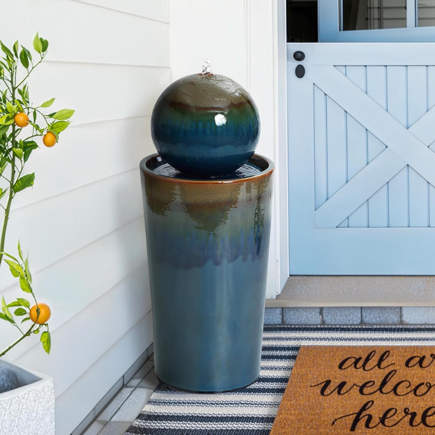 LuxenHome 30" Water Fountain Outdoor and Indoor, Glazed Blue Bubbling Sphere Ceramic Garden Outdoor Water Fountain, Elegant Modern Waterfall Garden Decor for Patio, Lawn, and Backyard