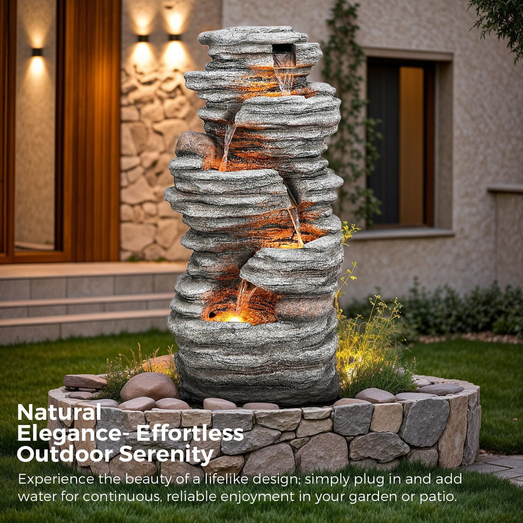 40" Outdoor Water Fountain with LED Lights - 5-Tier Cascading Rock Waterfall Fountain, Natural Rock Look, Ideal for Garden, Landscaping, Patio, Balconies and Yard Decor