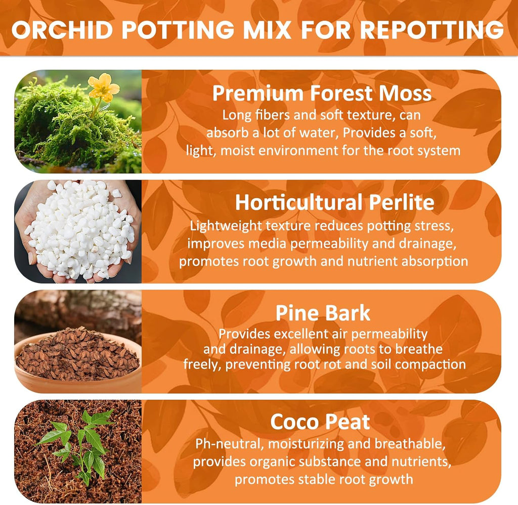 Legigo 2 QT Orchid Potting Mix- Natural Orchid Soil Mix for Repotting with Moss, Pine Bark, Coco Peat and Perlite, Enhanced Drainage Orchid Bark Potting Mix Repotting Kit for Indoor Plant Growth