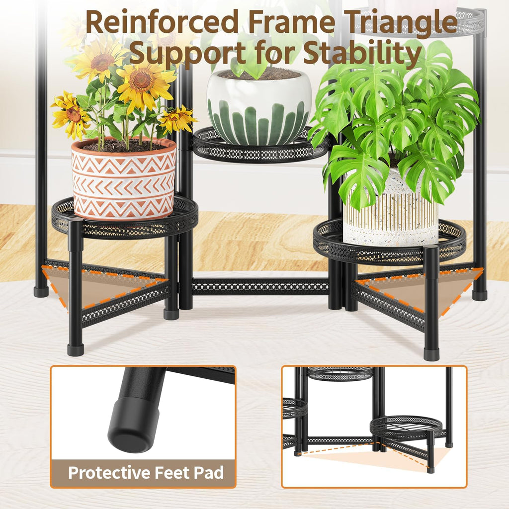 LASZOLA 6 Tiered Folding Tall Plant Stand for Indoor Outdoor Corner, Larger Heavy Duty Metal Adjustable Multiple Rack with 10 Inch Wide Hollow Tray, Flower Planter Holder for Modern House Patio, Black