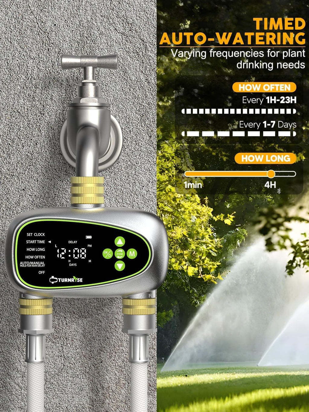 Water Timer for Garden Hose - 2 Zone Sprinkler Controller with Soil Moisture Sensor, Rain Delay & Brass Inlet Programmable Hose Timer, Automatic Drip Irrigation System for Yard Lawn Greenhouse