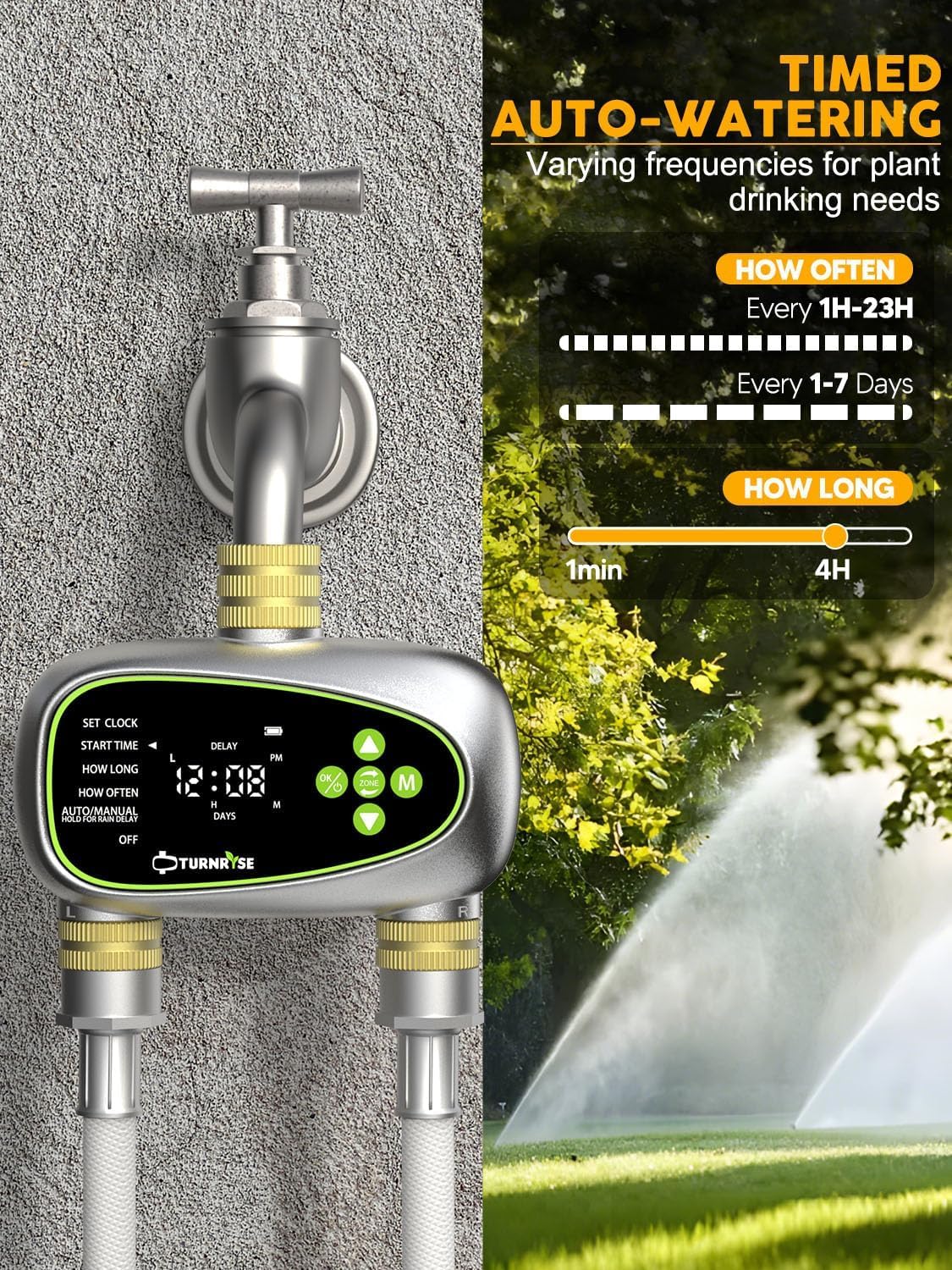 Water Timer for Garden Hose - 2 Zone Sprinkler Controller with Soil Moisture Sensor, Rain Delay & Brass Inlet Programmable Hose Timer, Automatic Drip Irrigation System for Yard Lawn Greenhouse