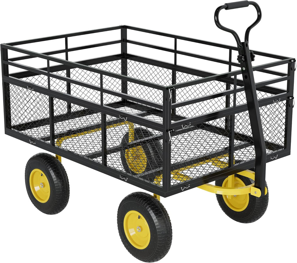 3-in-1 Heavy-Duty Steel Garden Cart, 1400 Lbs Garden Wagon, with 13 Inch All-Terrain Tires and Removable Mesh Side Panels, 180° Rotating Handle, Metal Utility Yard Trailer, Outdoor Gardens Wagon Cart