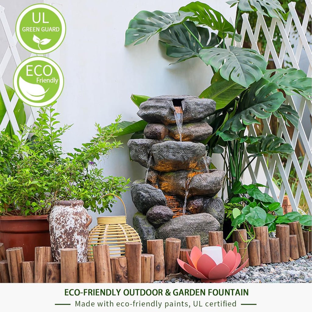 Garden Outdoor Fountains 4-Tier Rock Outdoor Water Fountain with Lights, 28.35" Waterfall Fountain for Garden, Patio, Yard, and Lawn, Natural Stone Look Water Features Outdoor Patio