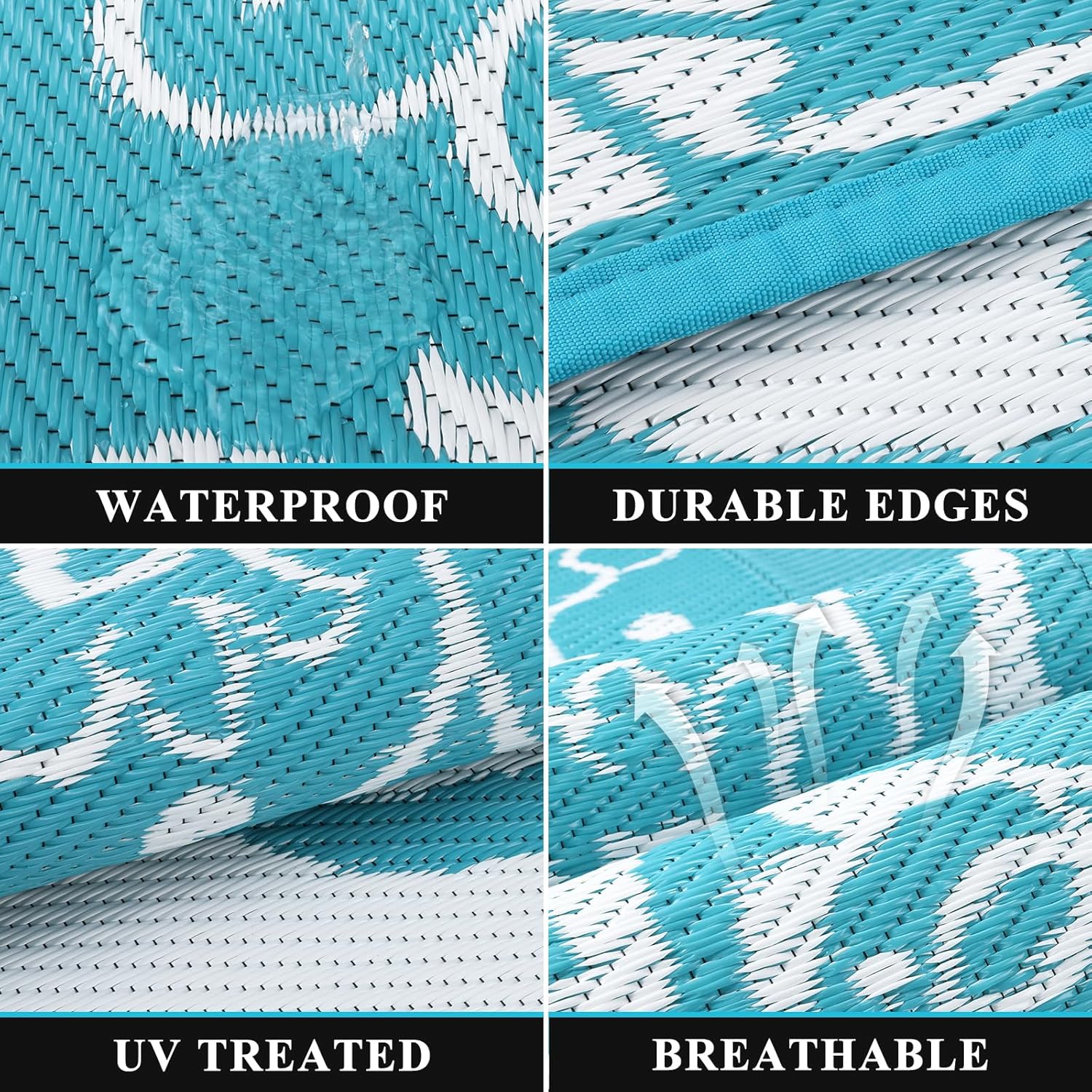 Pauwer Waterproof Outdoor Rug 8x10, Reversible Plastic Straw Patio Camping Rug, Indoor Outdoor RV Mat Carpet for Deck, Camper, Porch, Balcony, Backyard, Picnic, Boho Teal