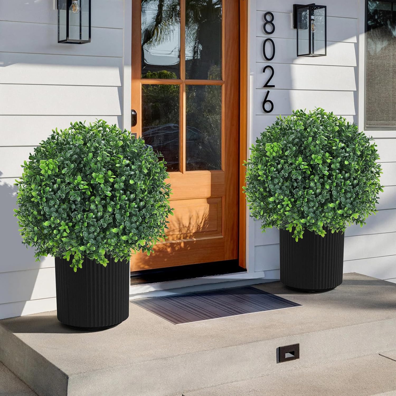 Artificial Boxwood Topiary Ball Tree 24" with Ground Spike, Set of 2 Artificial Boxwood Bushes for Faux Shrubs, Fake Evergreen Faux Plant for Indoor Outdoor Porch Garden- UV Resistant – Fade-Proof