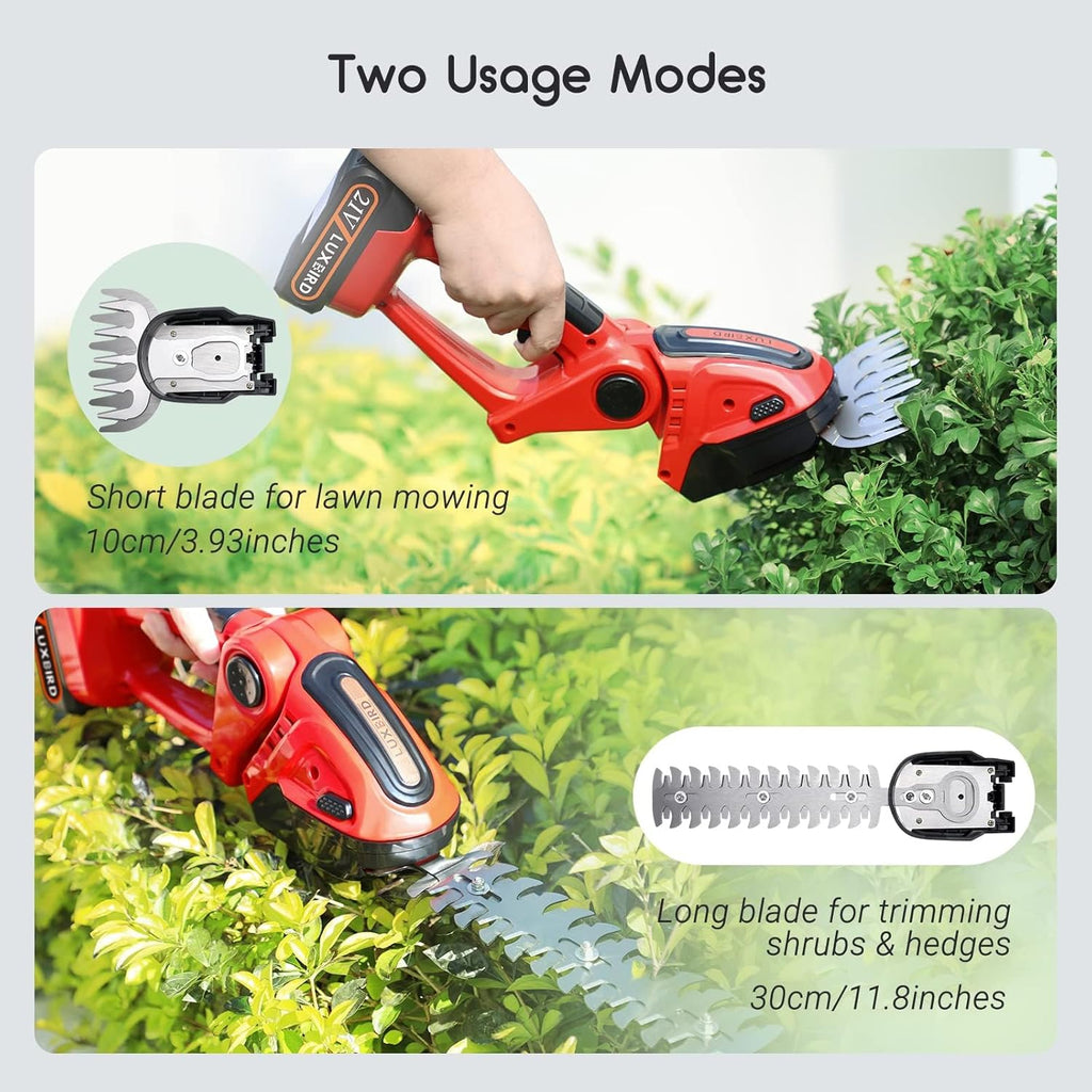 Lxubird Cordless Grass Shears, 2-in-1 Mini Hedge Trimmer Cordless,Light Handheld Grass Trimmer, Electric Shrub Trimmer with 2Pcs Rechargeable Batteries with Case