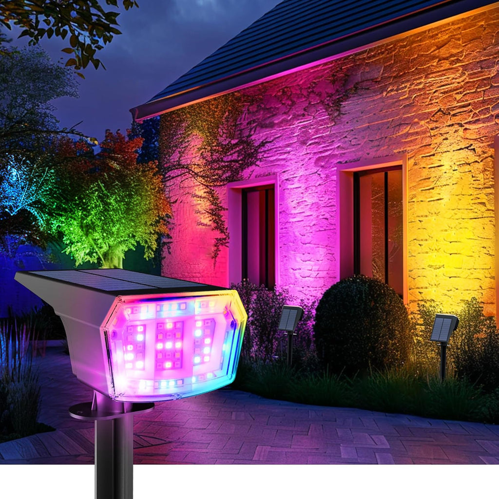 Color Changing Solar Spot Lights Outdoor, 9 Lighting Modes Colored Solar Lights Outdoor RGB, Color Light Waterproof IP65, Landscape Spotlights for Halloween Christmas Decorations