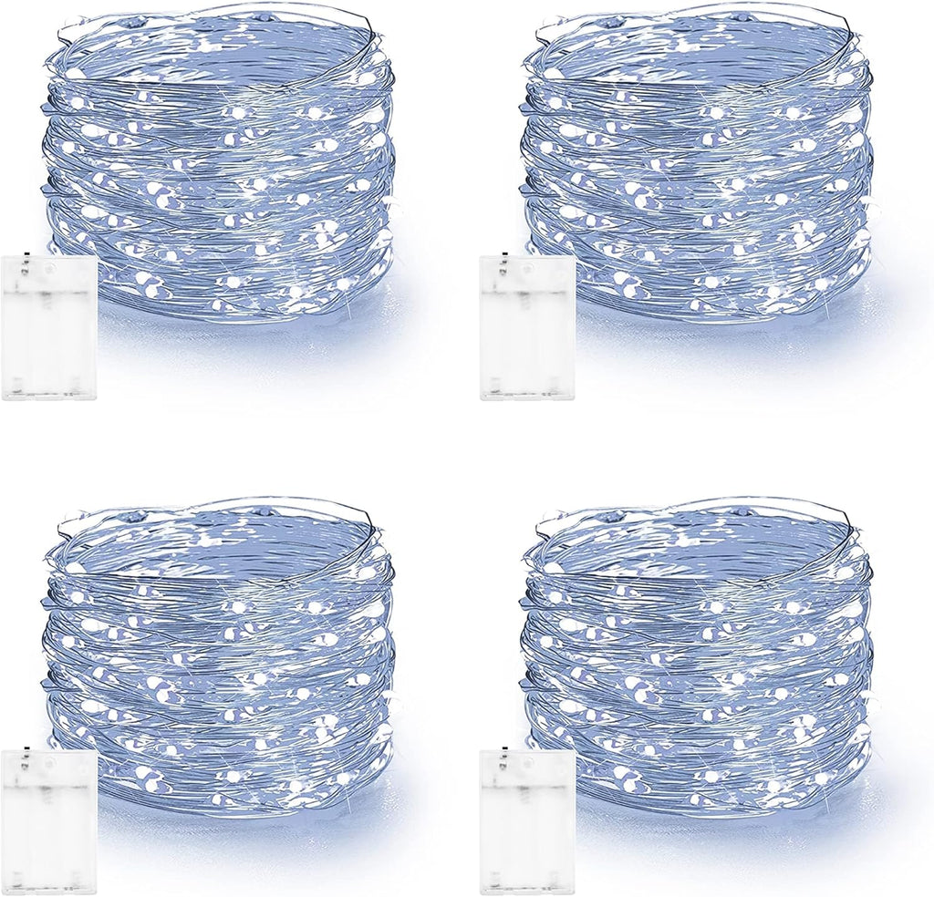 Dazzle Bright Fairy Lights Battery Operated, 4 Pack Total 80FT 240LED Silver Wire Waterproof Battery Operated String Lights, Christmas Decorations for Indoor Outdoor Bedroom Yard Decor, White