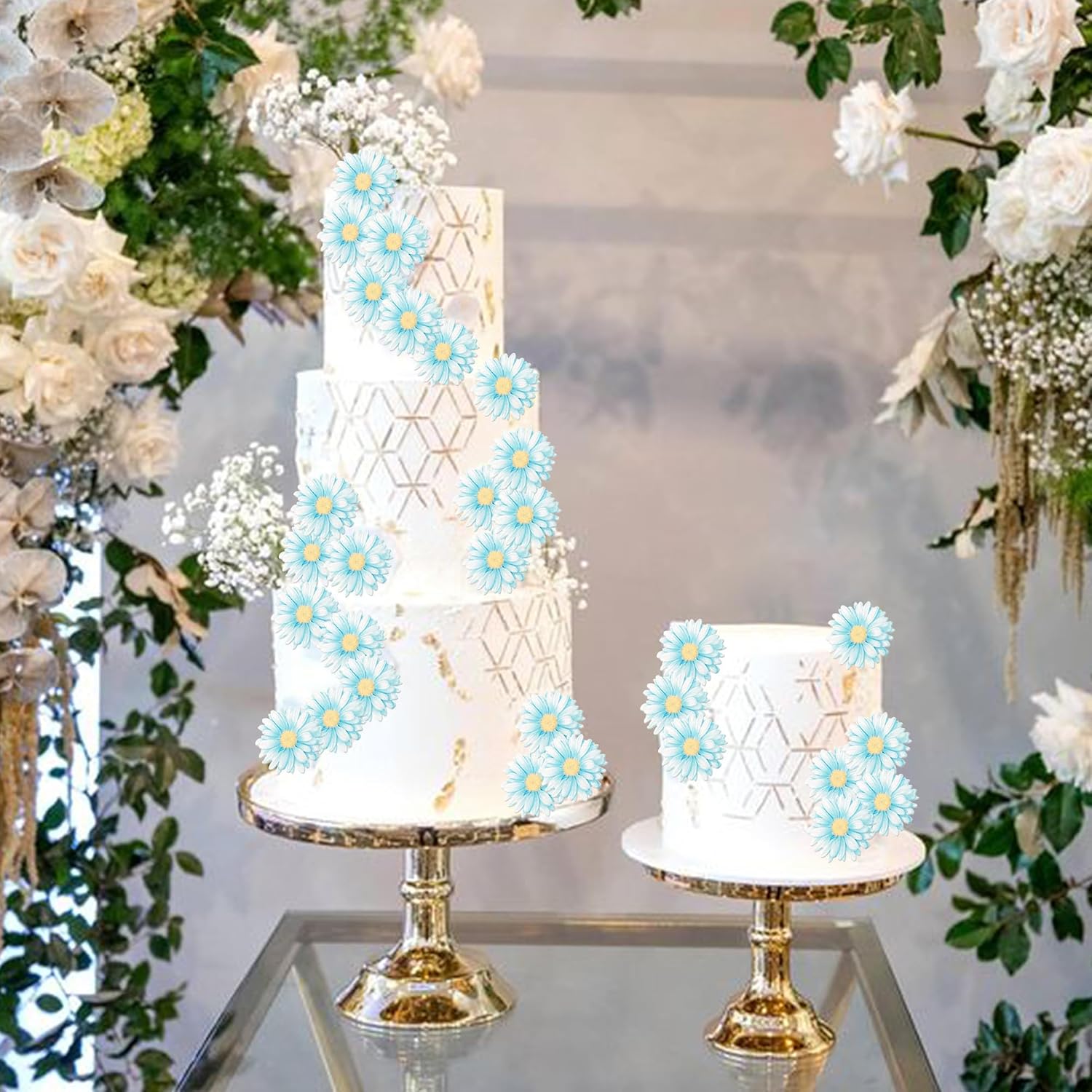 60 PCS Edible Daisy Cupcake Toppers Wafer Paper Daisy Cupcake Picks Edible Daisies Wildflower Birthday Party Decorations for Baby Shower Wedding Birthday Party Cake Food Decorations Supplies Blue